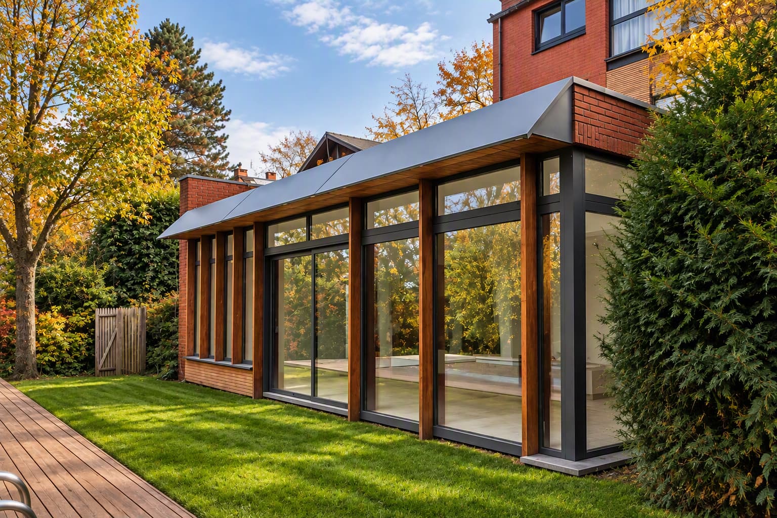 Genval — extension vitrée et terrasse côté jardin